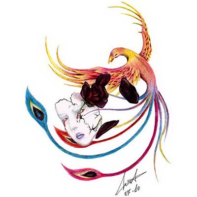 Cracked woman mask and colorful phoenix Design Water Transfer Temporary Tattoo(fake Tattoo) Stickers NO.10699